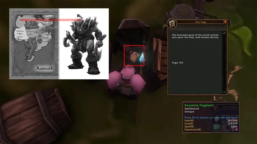 The book in the Undercity sewers, with the Torn Page and the Keystone Fragment.