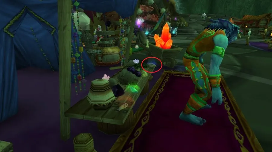 With the talisman on, four objects light up on the table behind Griftah.