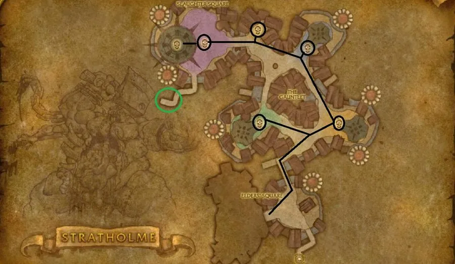 The full kill route. The circled area is where the Hand of Naxxramas appears.